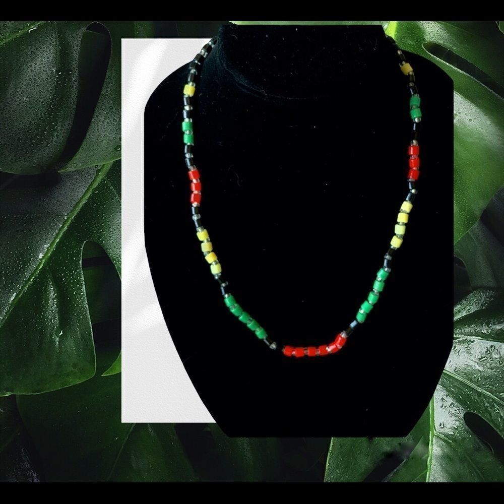 Vintage hand blown glass bead red-green-yellow-black clear  necklace 22”L